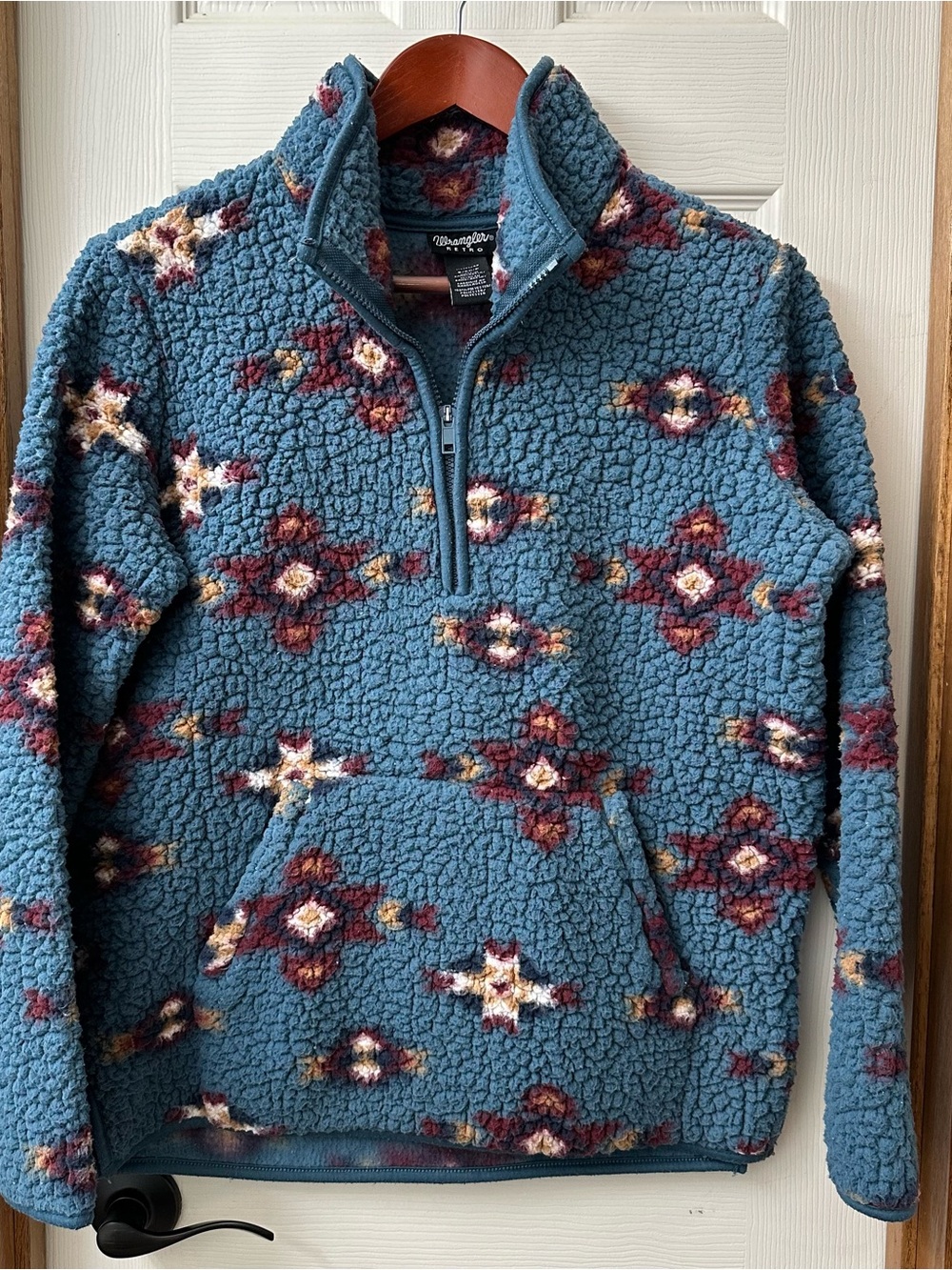 Wrangler Retro Women's Dusty Blue Southwestern Print Sherpa Pullover Size Small
